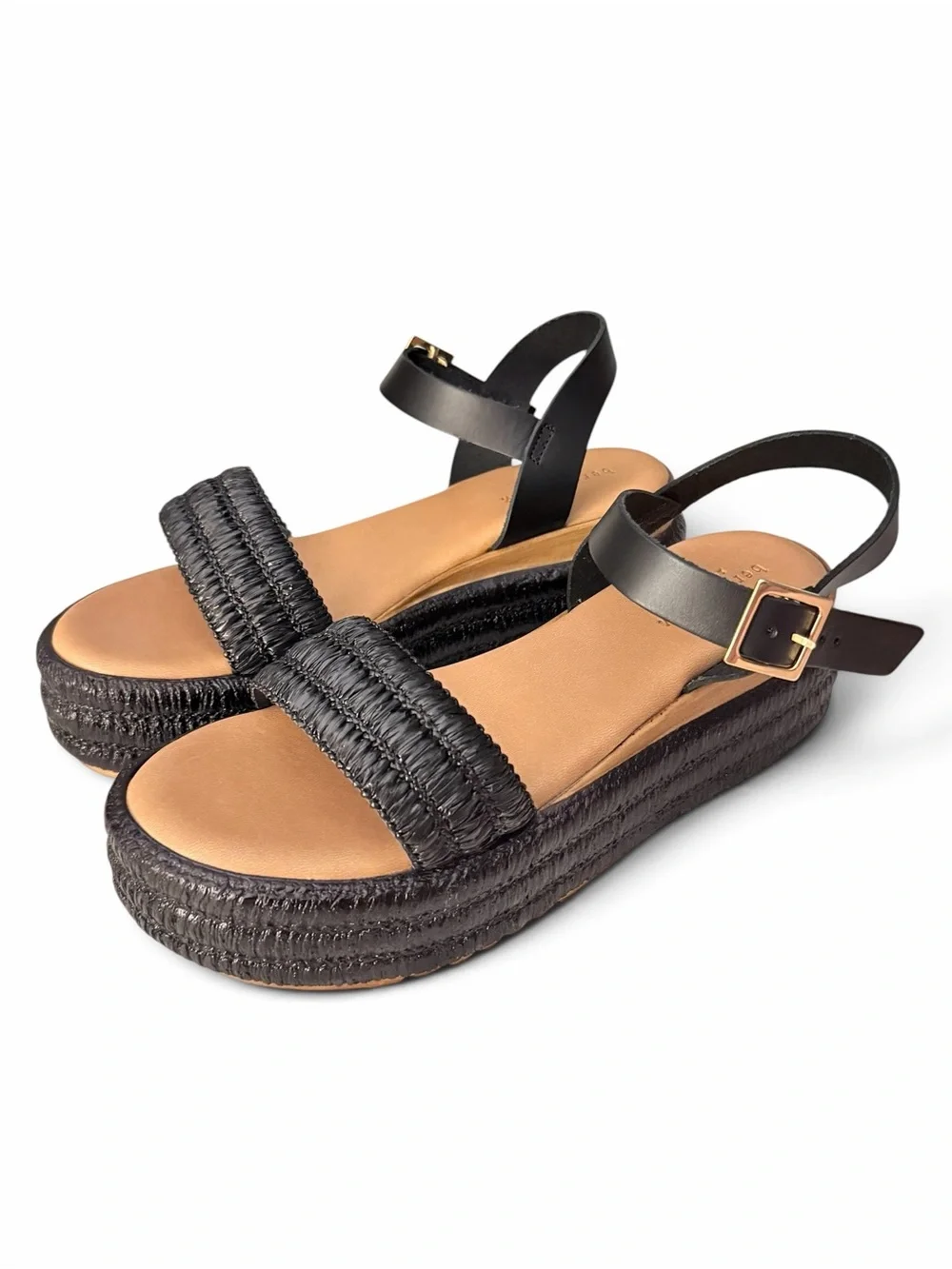 Bernie Mev Premium Made in Italy Black Raffia Leather Platform Sandals RARE